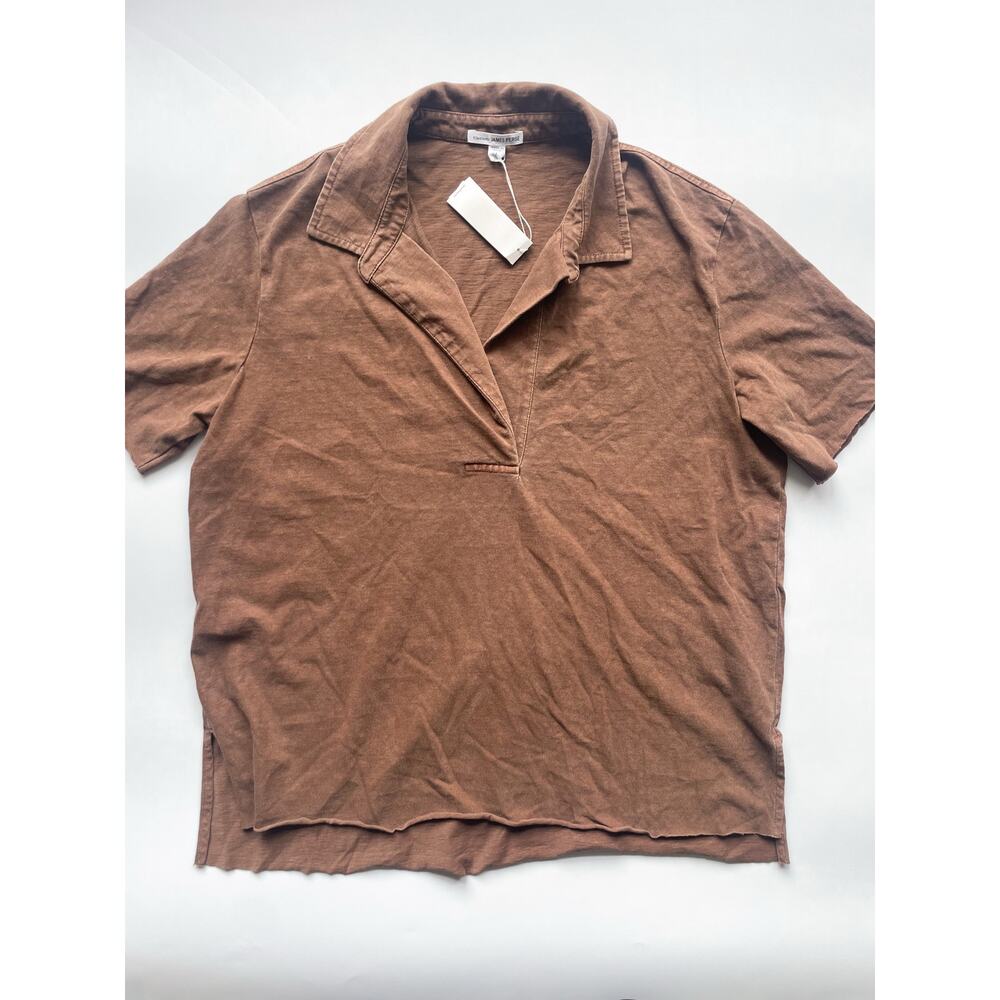 Women's James Perse Standard Brown Short Sleeve Raw Hem Cotton Polo